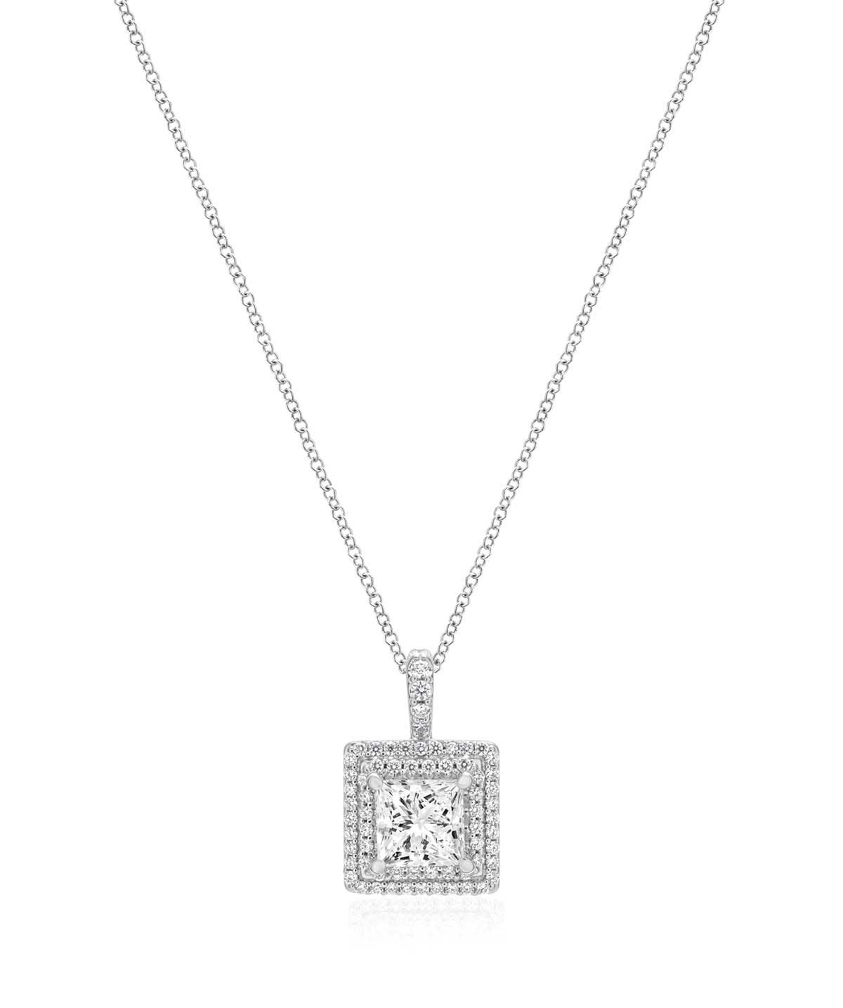 14K White Gold Double Halo Princess Diamond Pendant Necklace