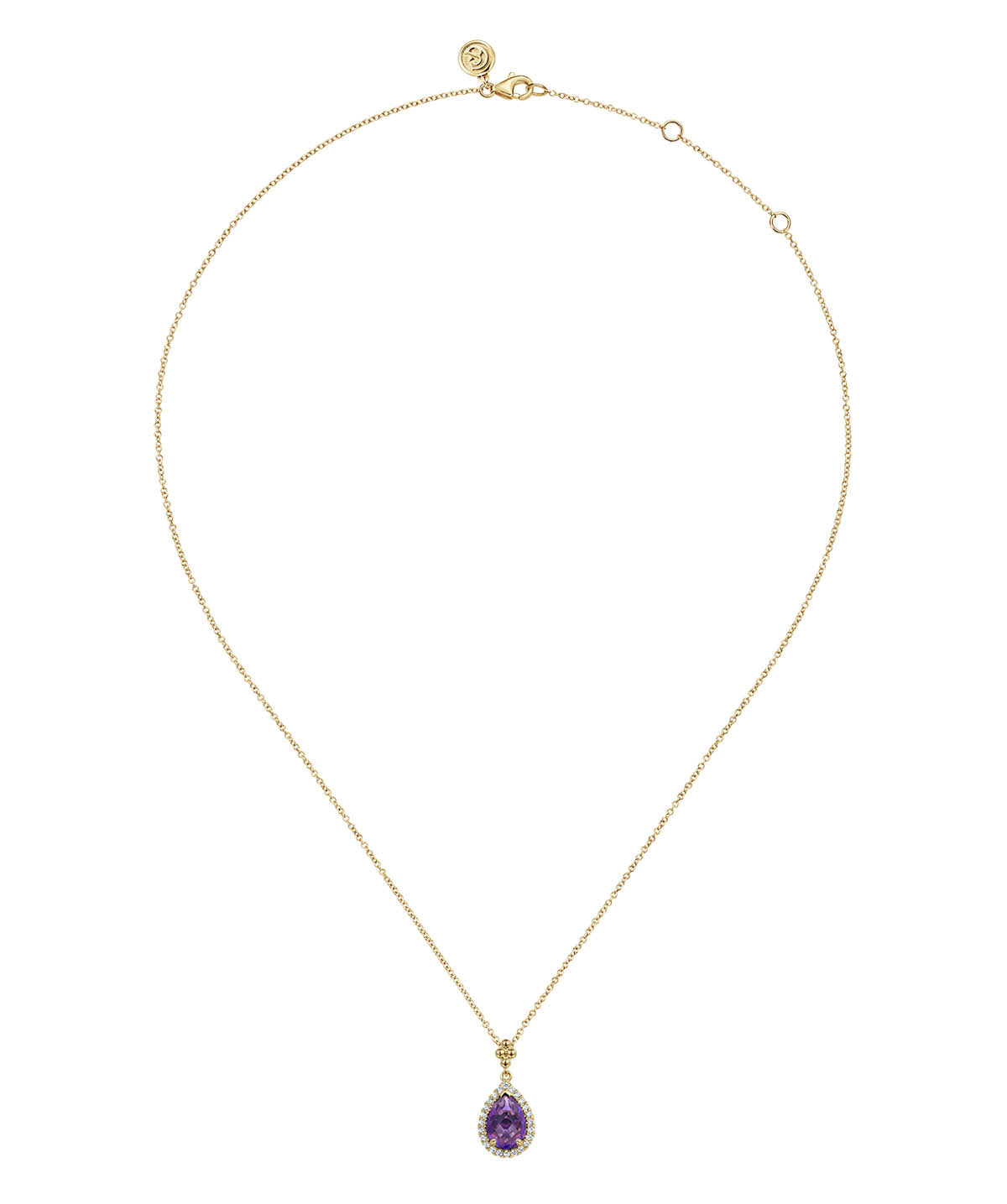 14K Yellow Gold Teardrop Amethyst with Diamond Halo Necklace