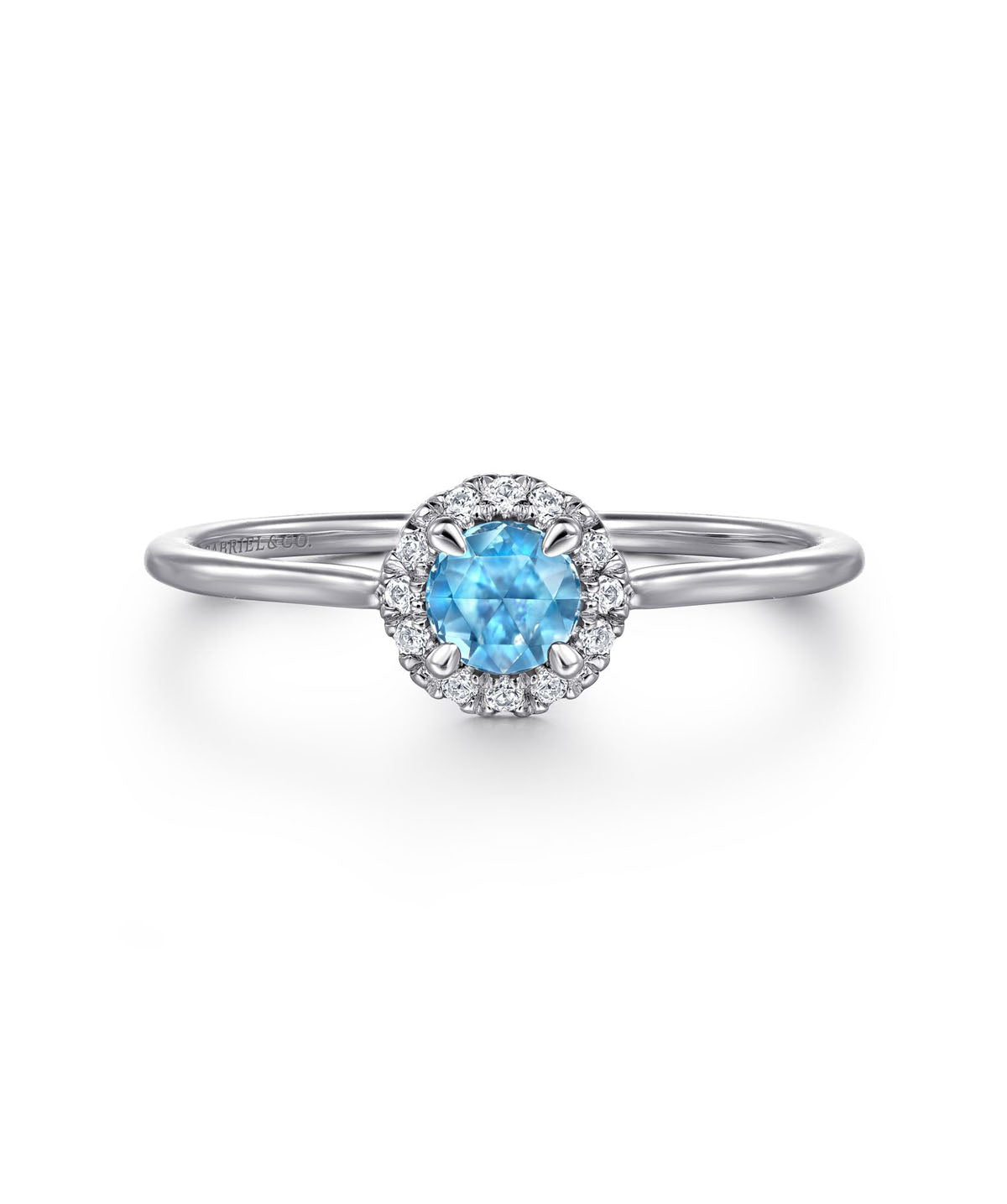 14K White Gold 4mm Blue Topaz and Diamond Halo Promise Ring