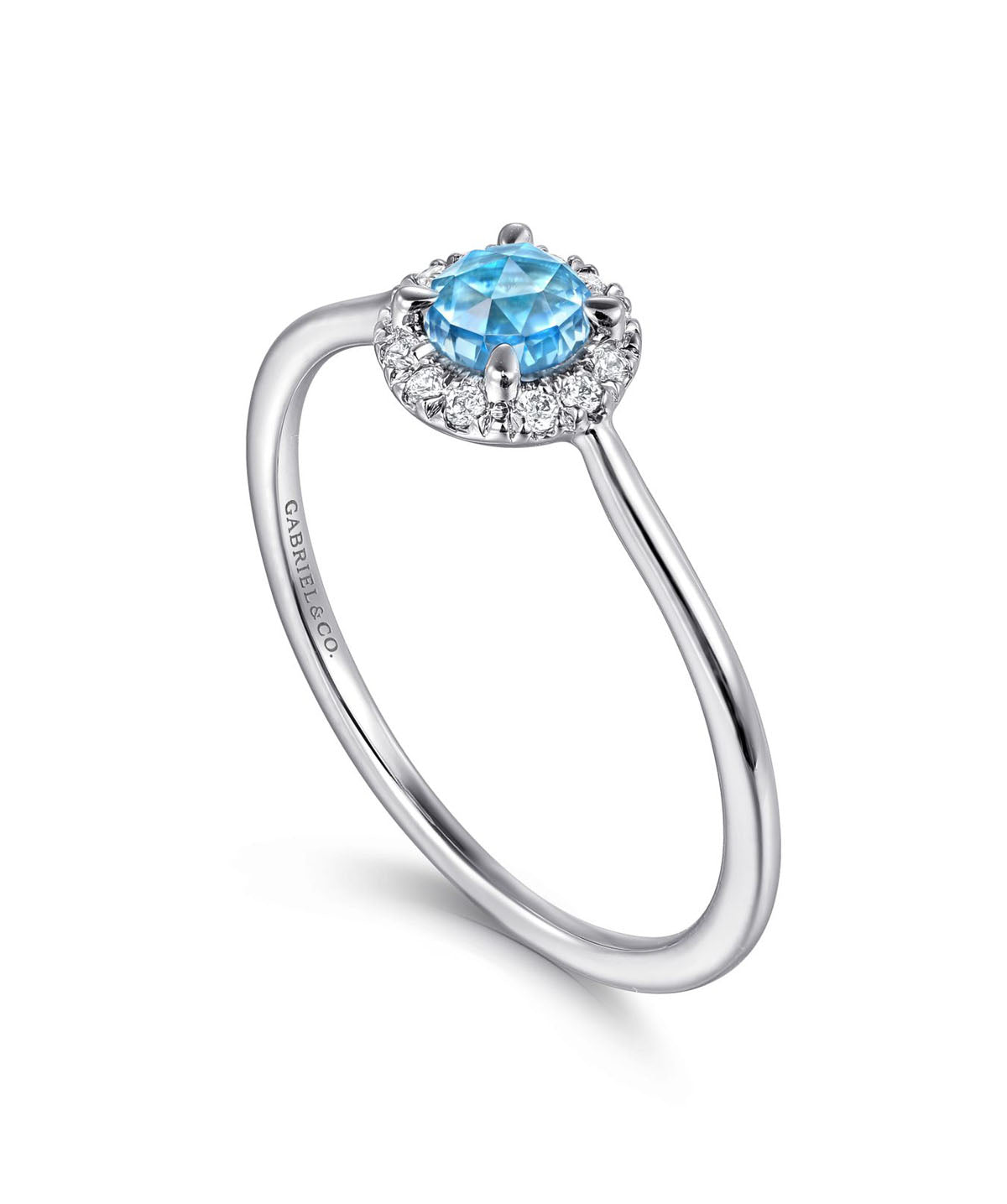 14K White Gold 4mm Blue Topaz and Diamond Halo Promise Ring