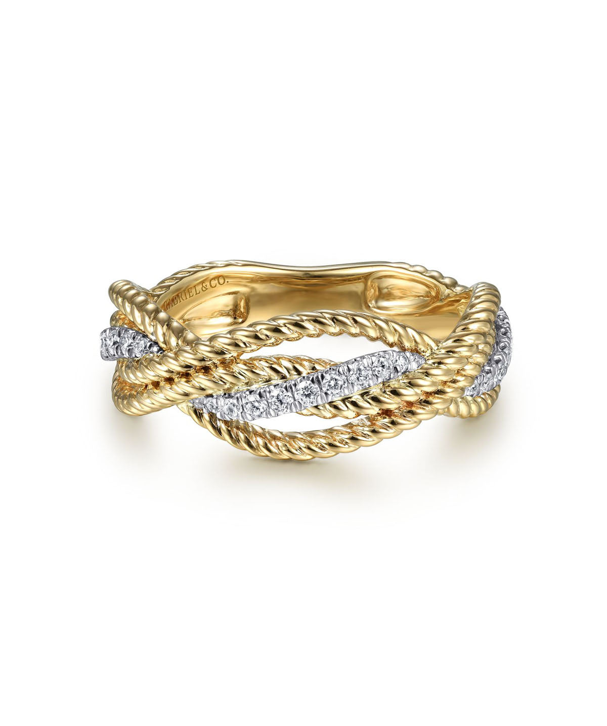 14K White-Yellow Gold Twisted Rope and Diamond Intersecting Ring