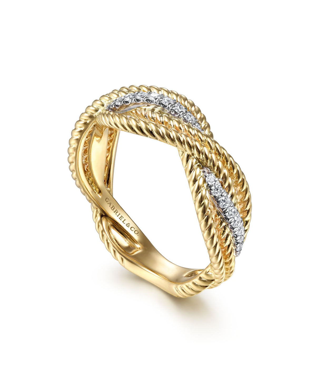 14K White-Yellow Gold Twisted Rope and Diamond Intersecting Ring