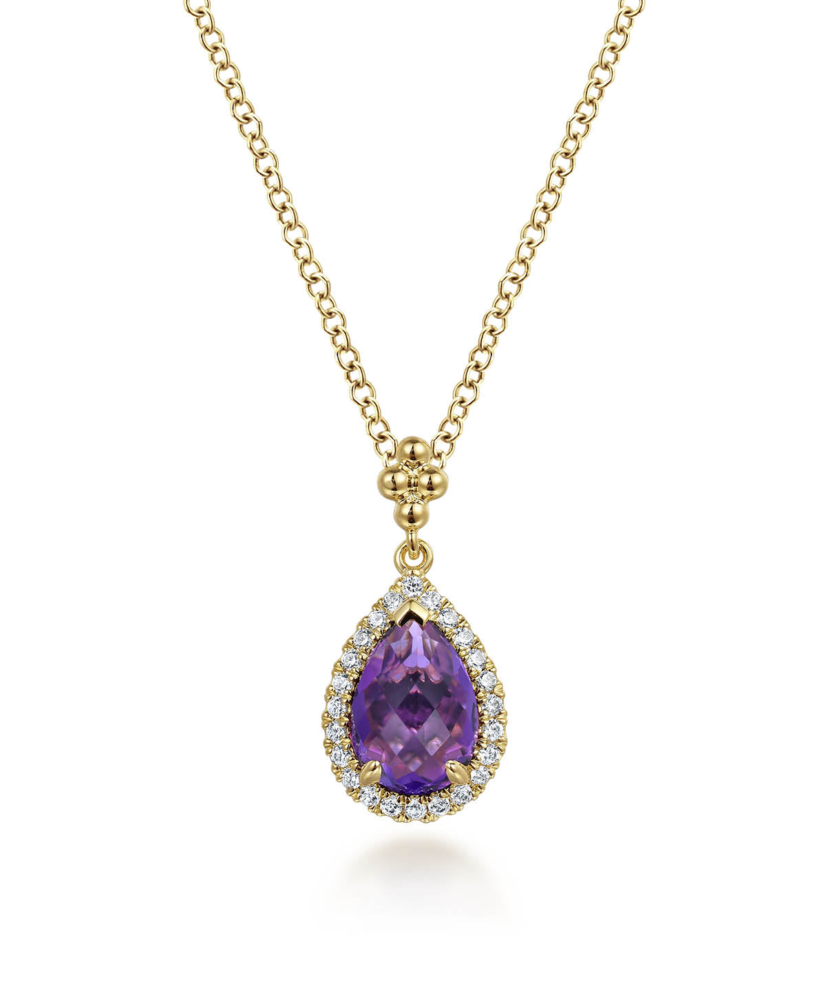 14K Yellow Gold Teardrop Amethyst with Diamond Halo Necklace