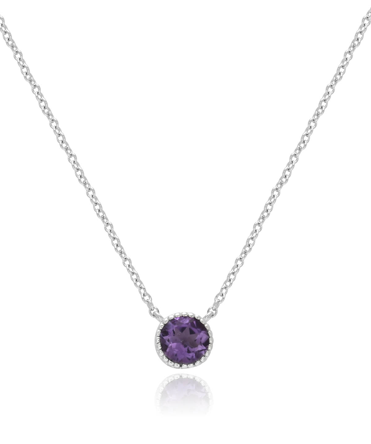 Sterling Silver Beaded Edge Bezel Set Amethyst Pendant Necklace 6mm