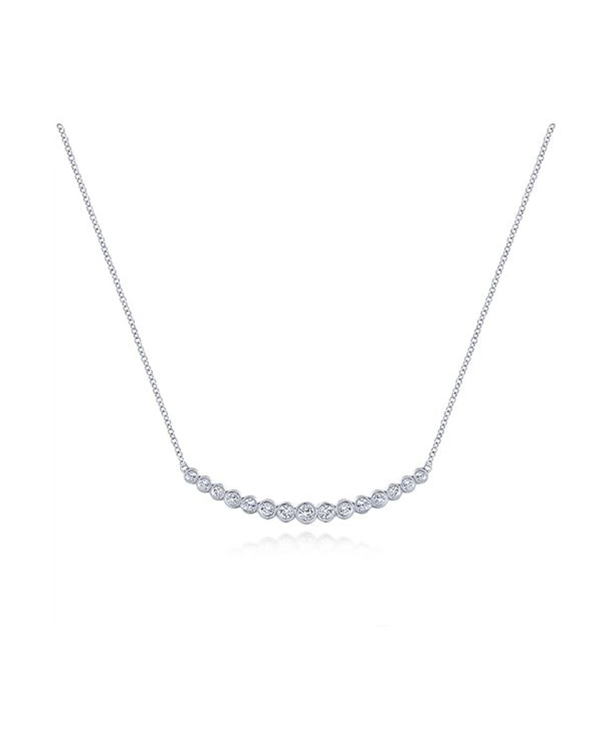 14K White Gold Curved Bar Necklace with Bezel Set Round Diamonds