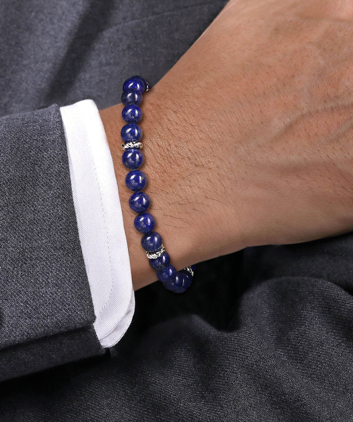 925 Sterling Silver 8mm Lapis Beaded Bracelet