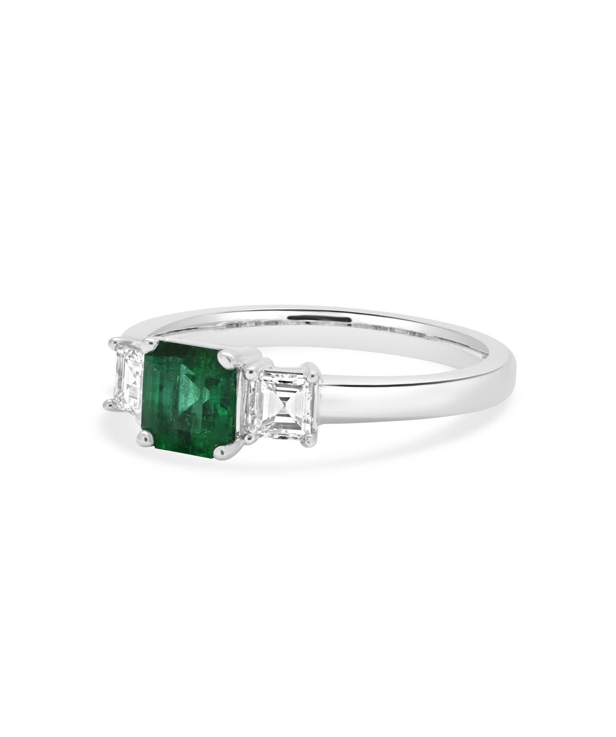 18K White Gold Three Stone 0.61 Emerald & Diamond Ring