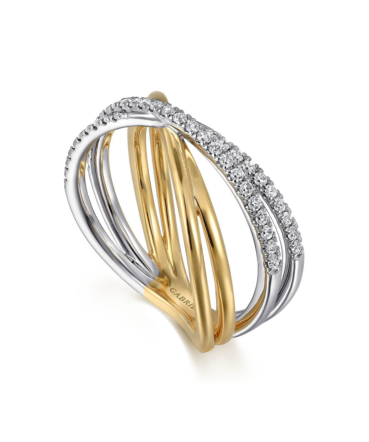 14K White and Yellow Gold Diamond Criss Cross Ladies Ring