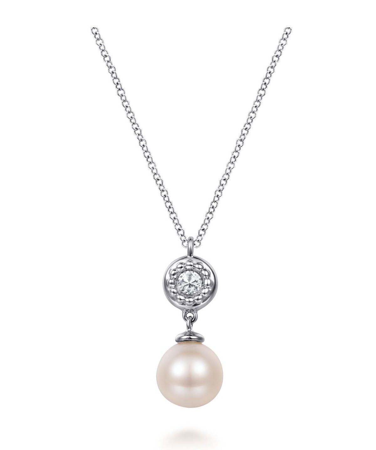 925 Sterling Silver White Sapphire and Round Pearl Bujukan Necklace