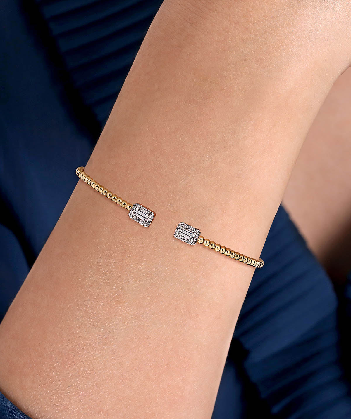 14K Yellow Gold Bujukan Open Cuff Bracelet with Diamond Baguettes