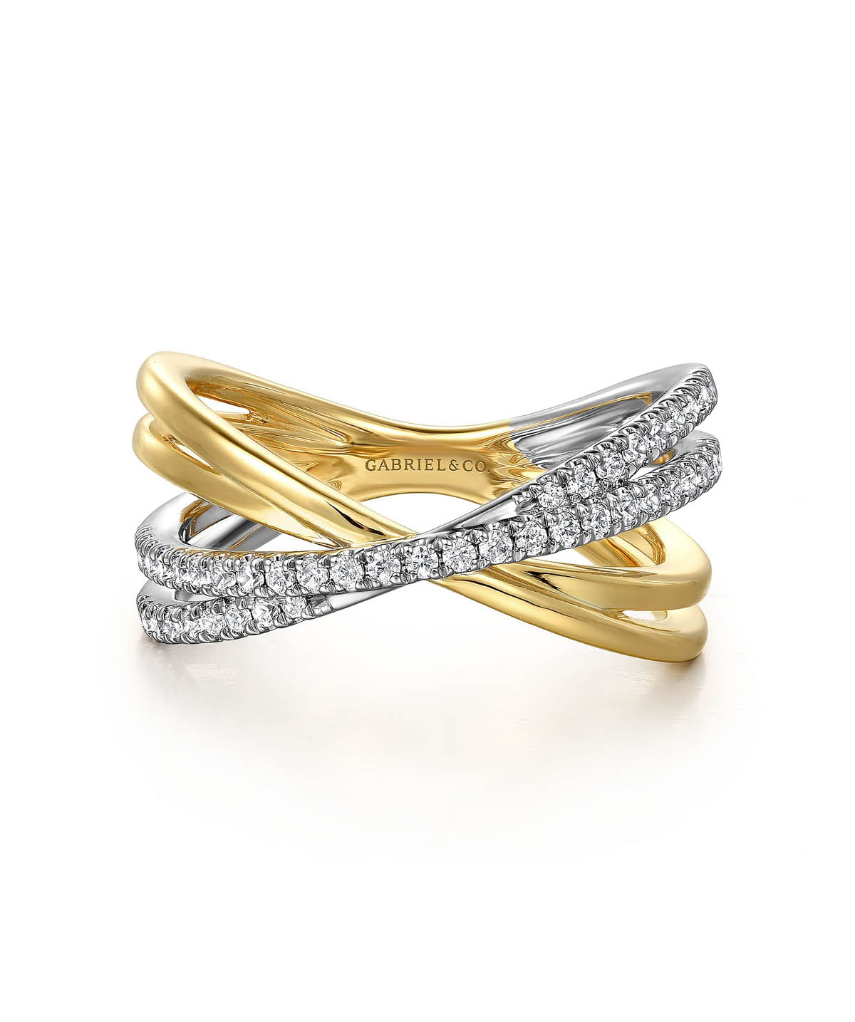 14K White and Yellow Gold Diamond Criss Cross Ladies Ring