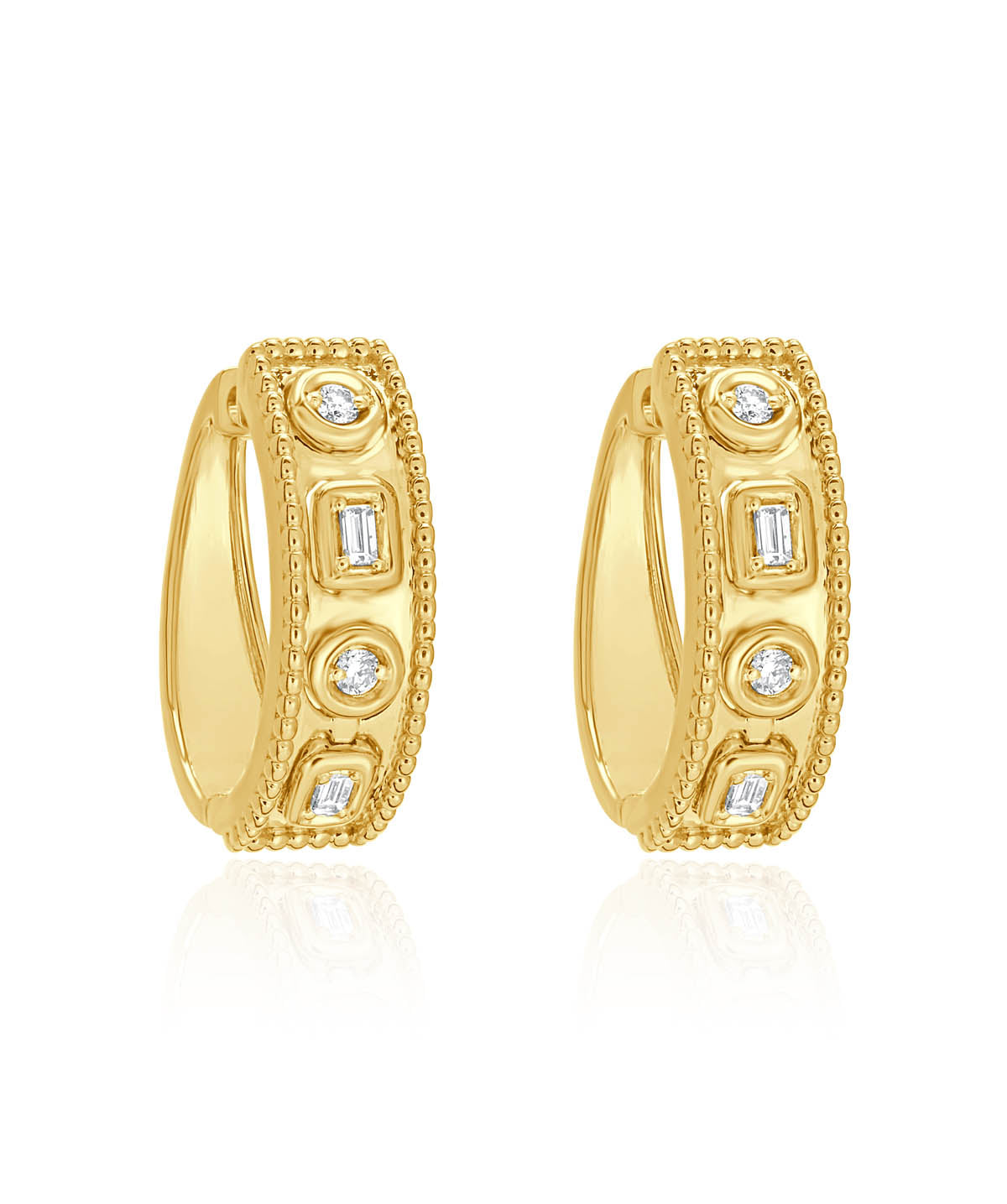 14k Yellow Gold Round and Baguette Diamond Hoop Earrings