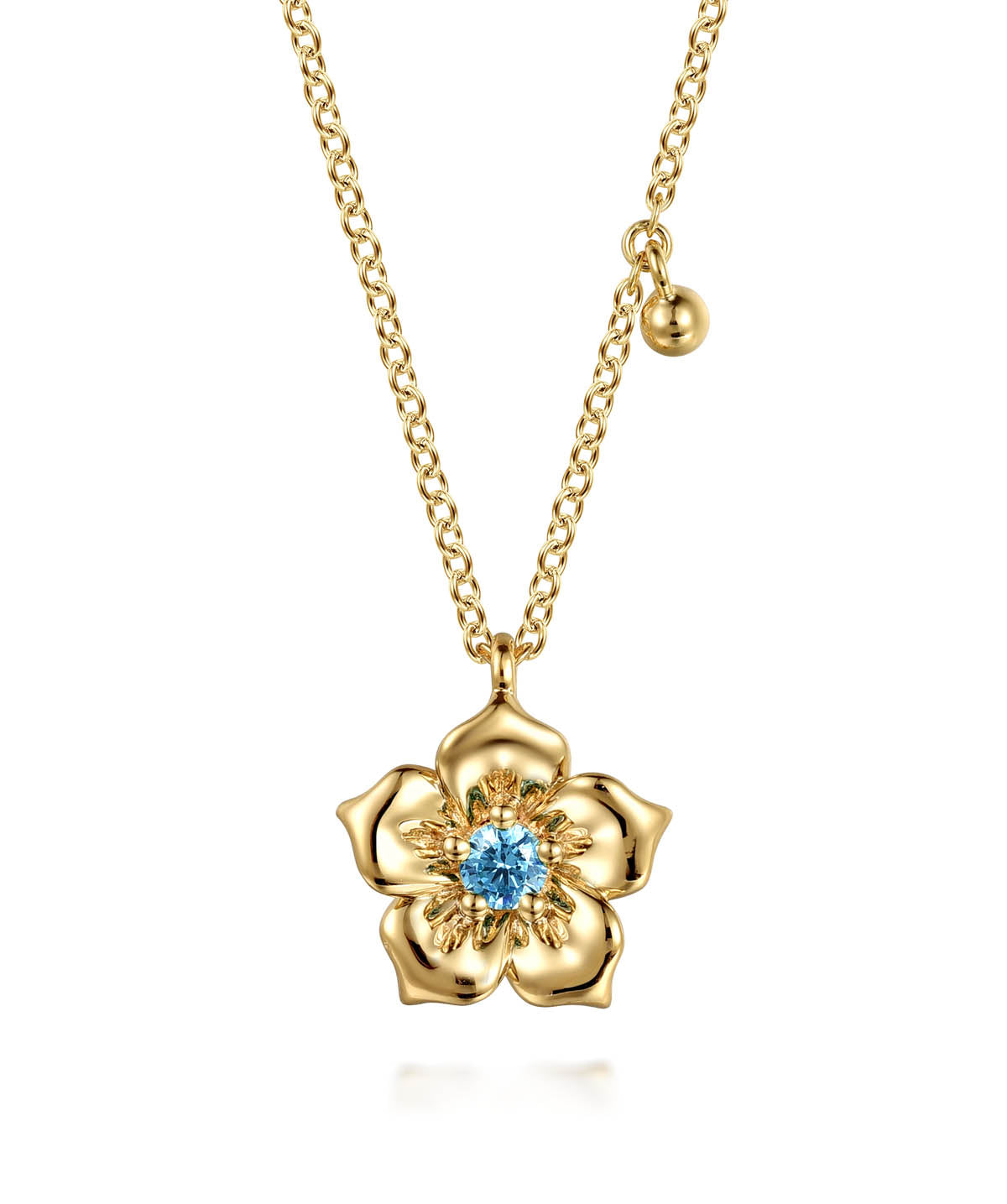14K Yellow Gold Blue Topaz Floral Drop Necklace
