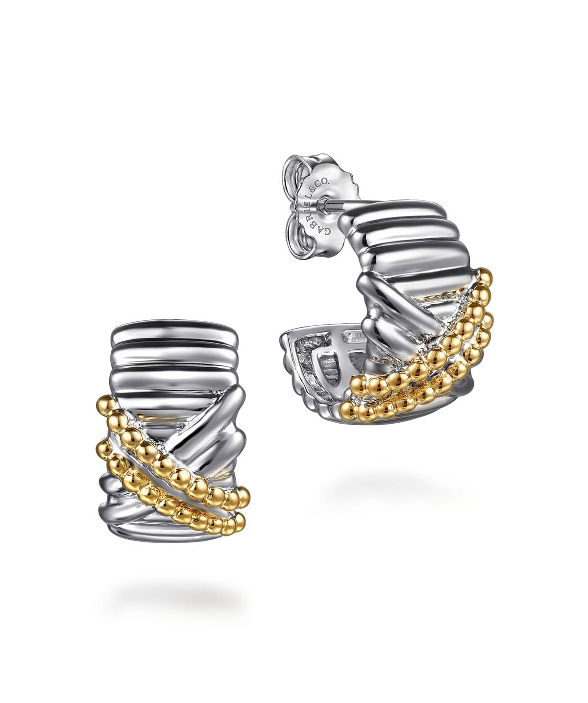 925 Sterling Silver and 14K Yellow Gold Bujukan Shrimp Criss Cross J Hoop Earrings