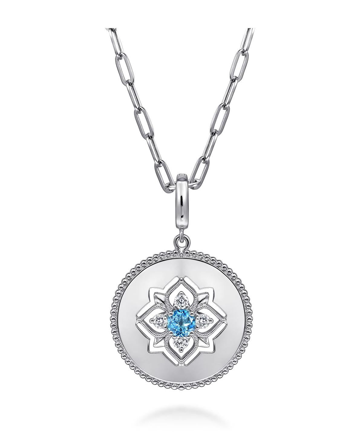925 Sterling Silver Blue Topaz and White Sapphire Bujukan Medallion Pendant 24mm (WAIT)