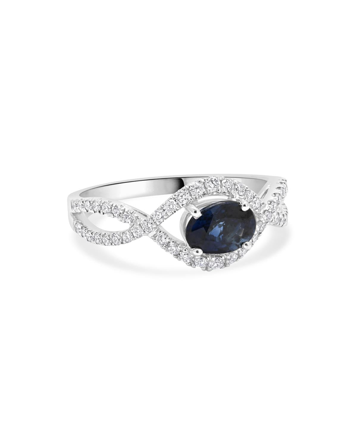 14K White Gold East West 1.00ct Oval Sapphire and Diamond Twist Band Ring