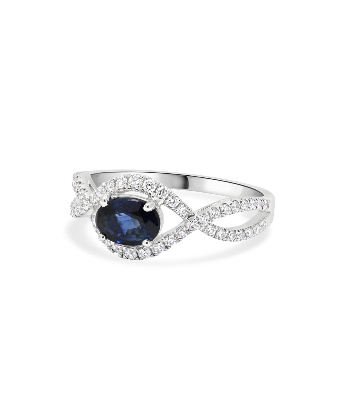 14K White Gold East West 1.00ct Oval Sapphire and Diamond Twist Band Ring
