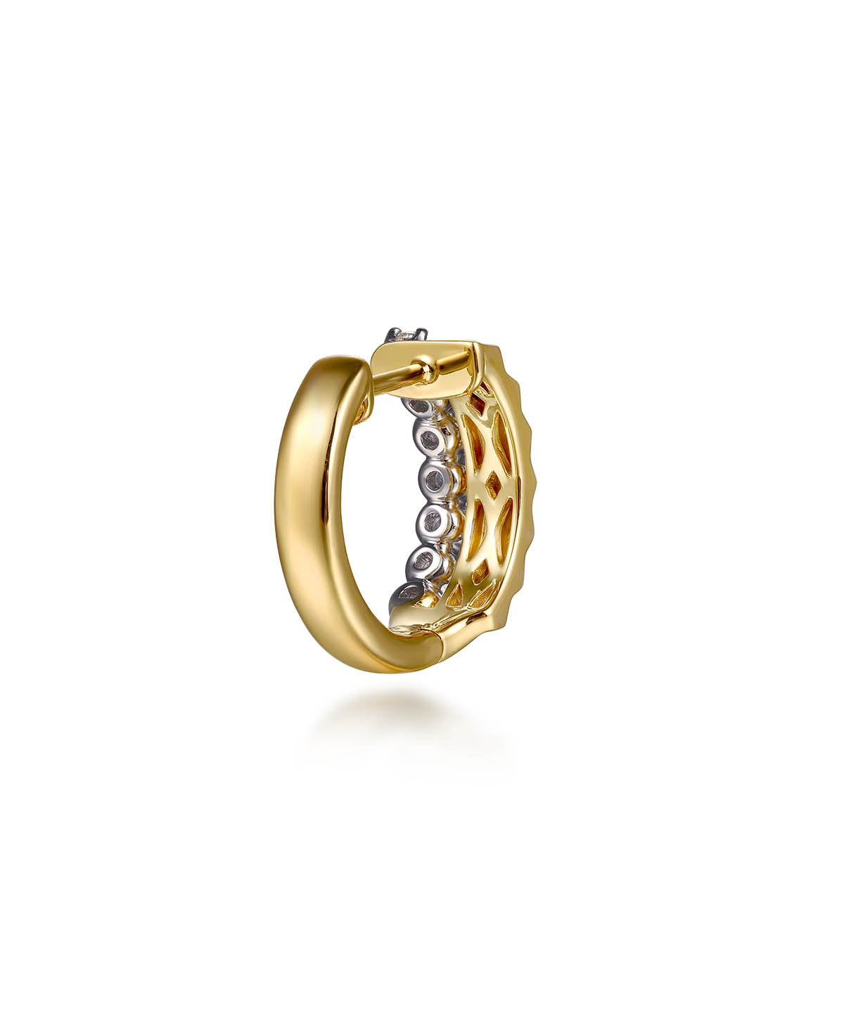14K White Yellow Gold Diamond and Diamond Cut Huggie Earrings