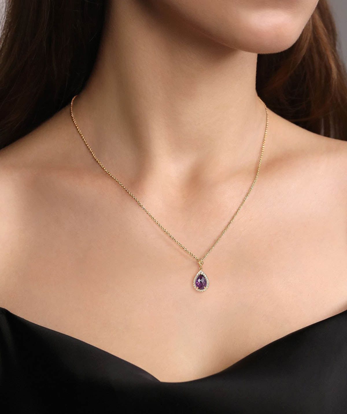 14K Yellow Gold Teardrop Amethyst with Diamond Halo Necklace