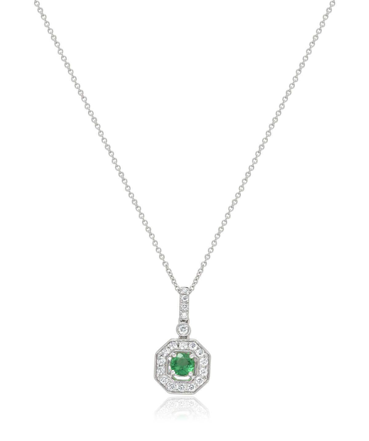 14K White Gold 0.30ct Emerald and Diamond Halo Pendant Necklace