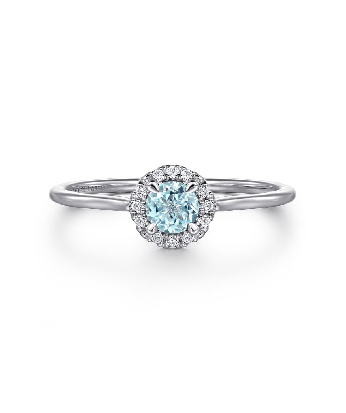 14K White Gold 4mm Aquamarine and Diamond Halo Promise Ring