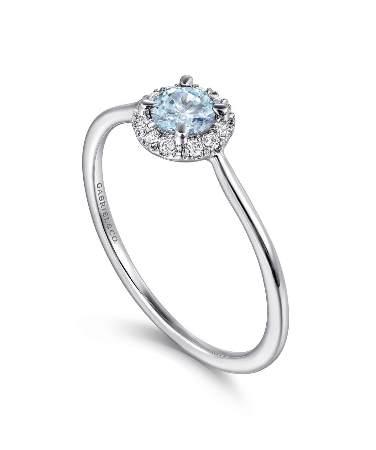 14K White Gold 4mm Aquamarine and Diamond Halo Promise Ring