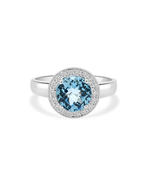 14K White Gold Checkerboard Cut 3ct Blue Topaz and Diamond Halo