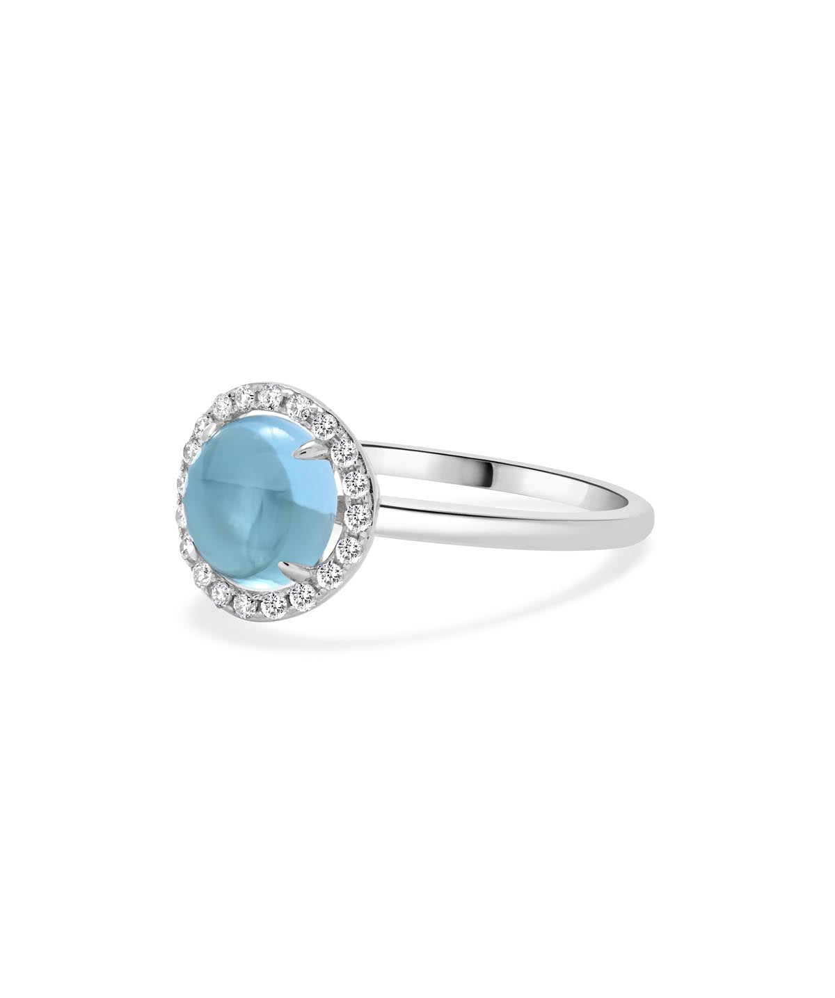 14K White Gold 2ct Blue Topaz Cabochon and Diamond Halo Ring