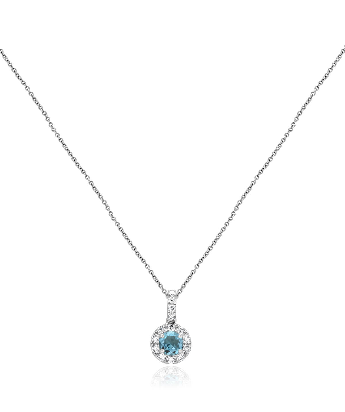 14K White Gold 0.50ct Round Blue Topaz and Diamond Halo Pendant Necklace