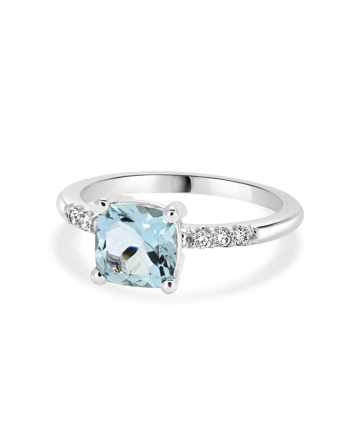 14K White Gold 7mm Aquamarine and Diamond Fashion Ring
