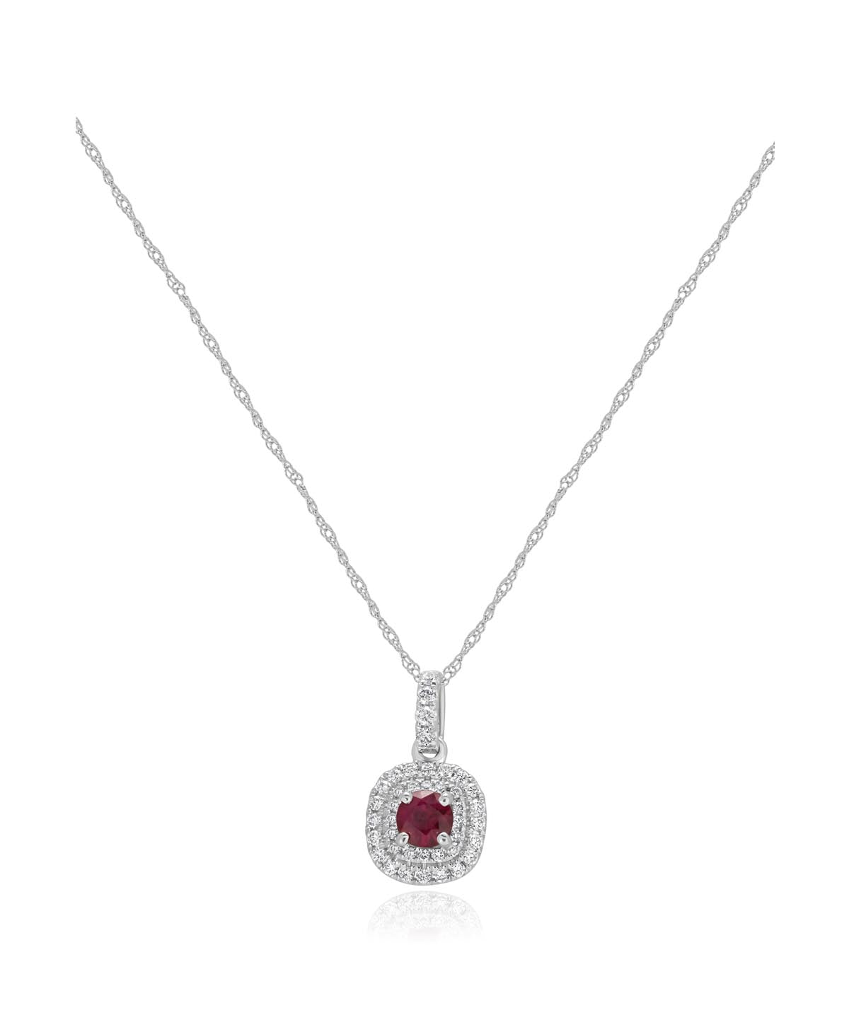 14K White Gold 0.29ct Ruby and Diamond Double Halo Pendant