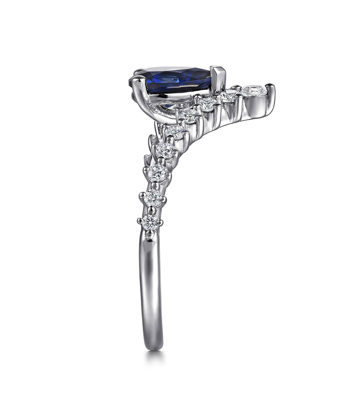 14K White Gold Diamond and Pear Sapphire Chervon Ladies Ring