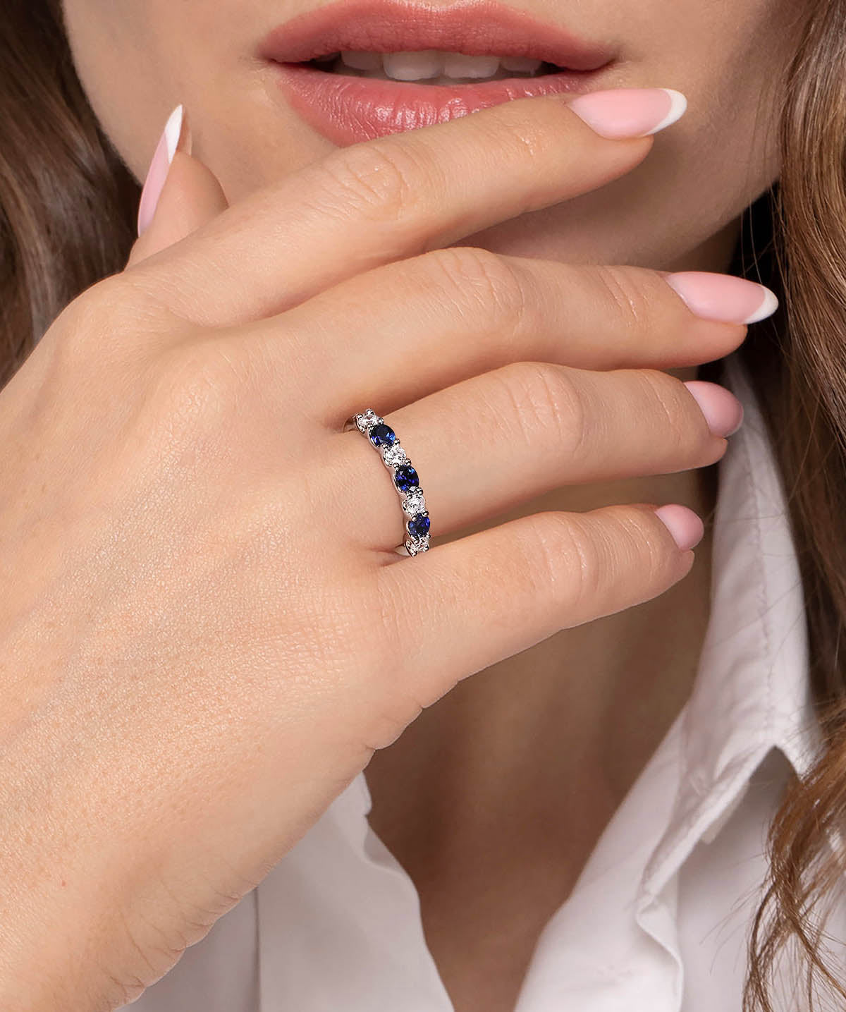 14K White Gold Diamond and Oval Sapphire Band Ring