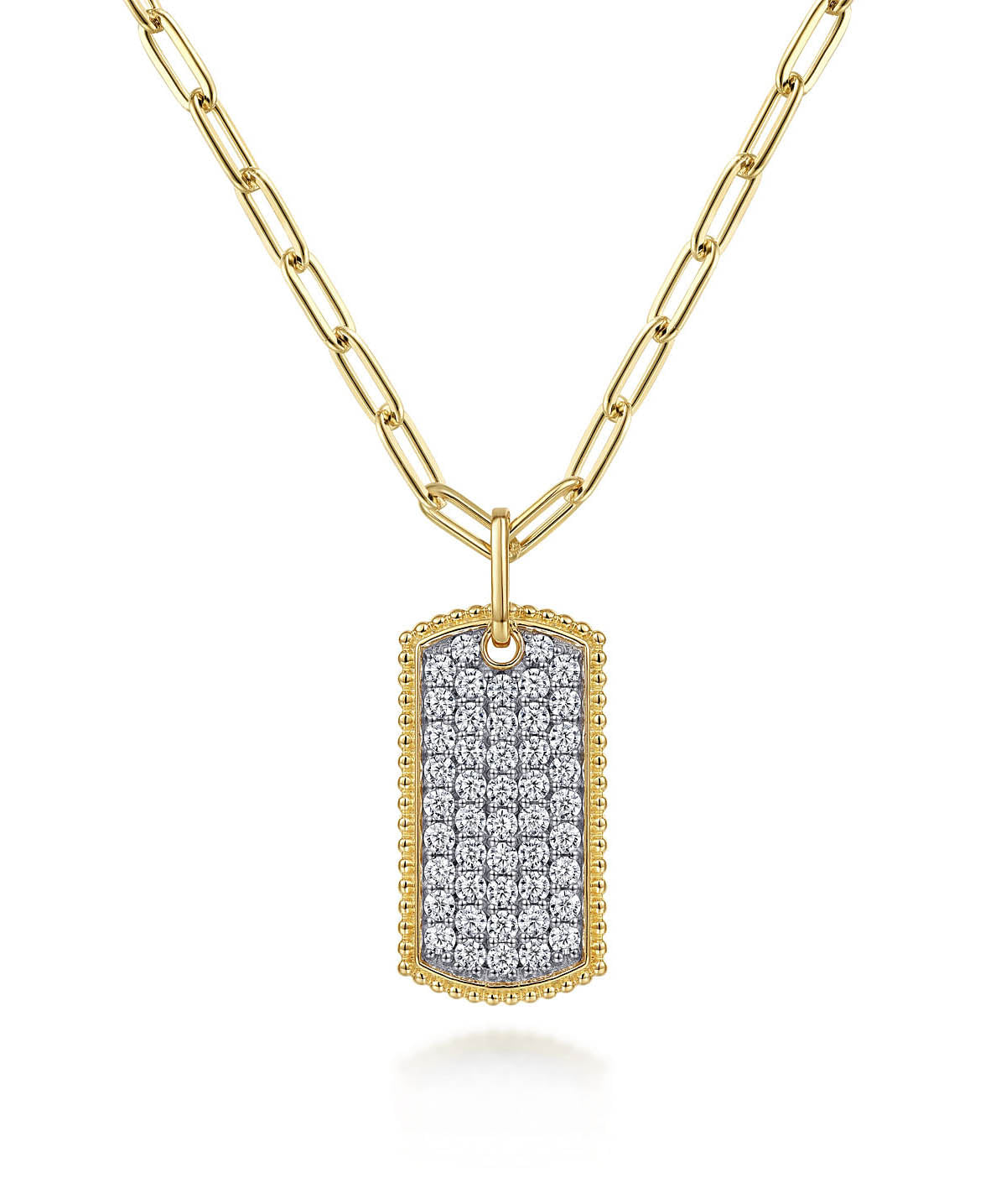 14K Yellow Gold Diamond Pave Dog Tag Pendant Hollow Chain Necklace