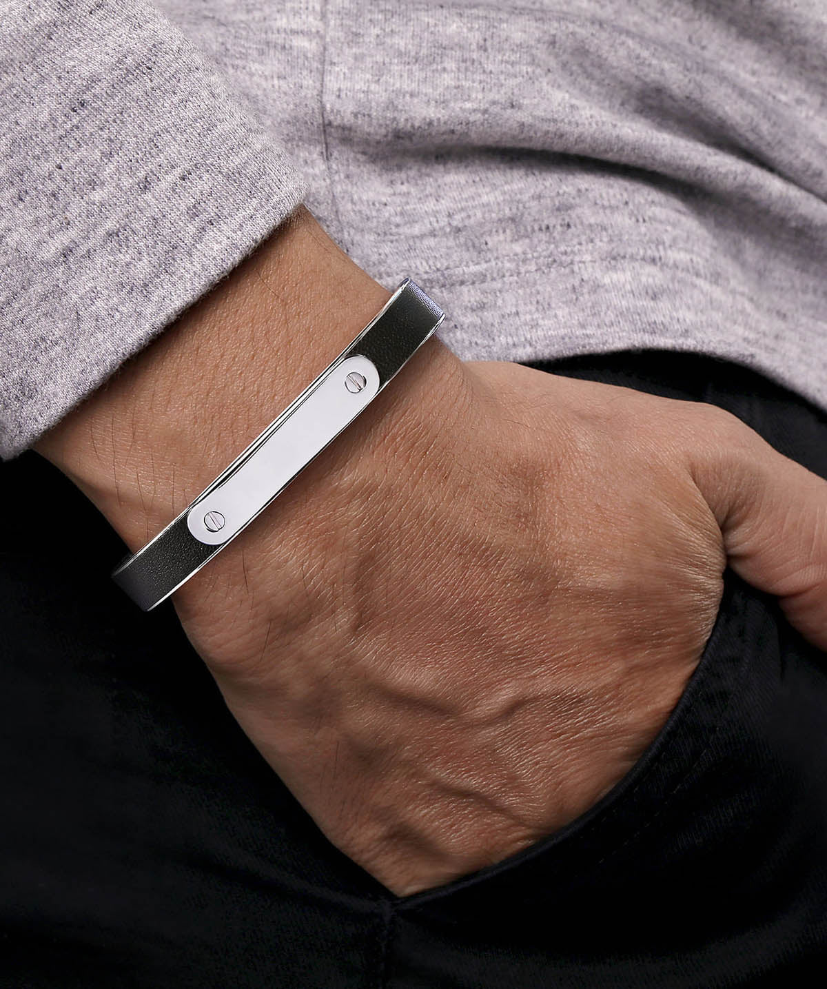 925 Sterling Silver and Leather ID Cuff Bracelet