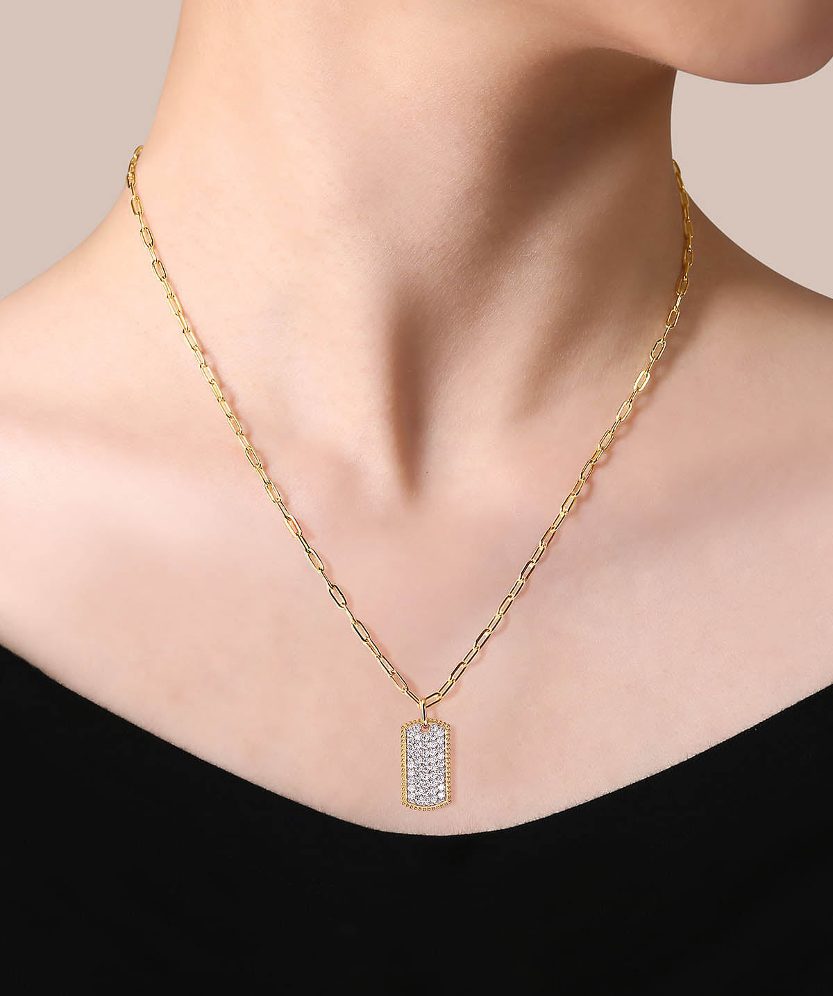 14K Yellow Gold Diamond Pave Dog Tag Pendant Hollow Chain Necklace