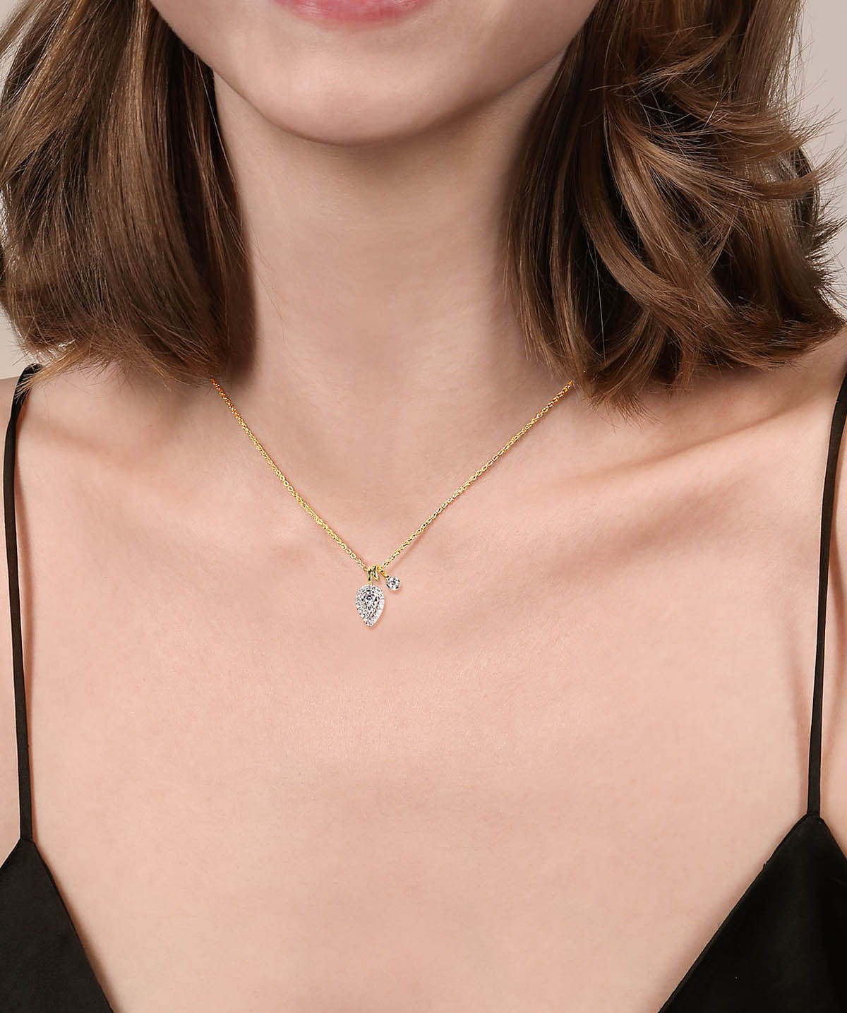 14K White Yellow Gold Double Diamond Pendant Necklace