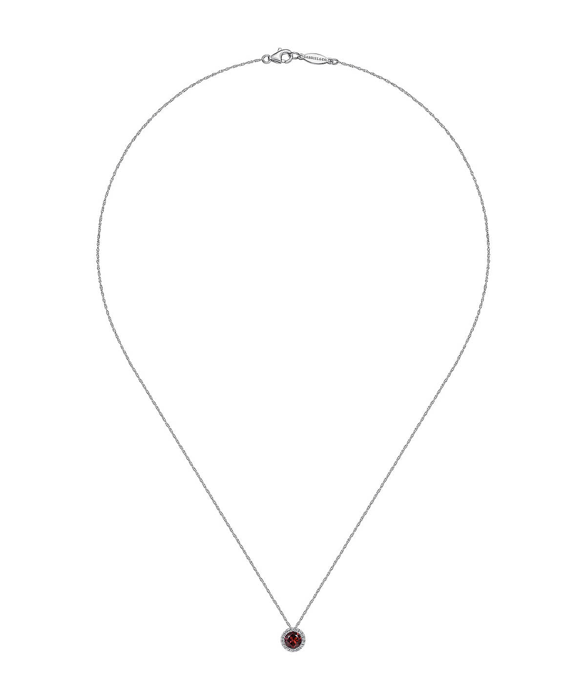 14K White Gold Garnet and Diamond Halo Pendant Necklace