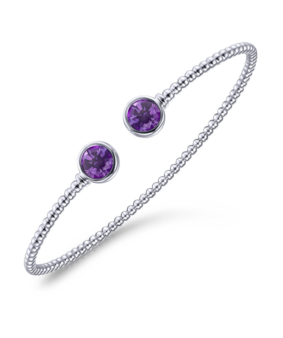 14K White Gold Bujukan Bead Cuff Bracelet with Bezel Set Round Amethyst