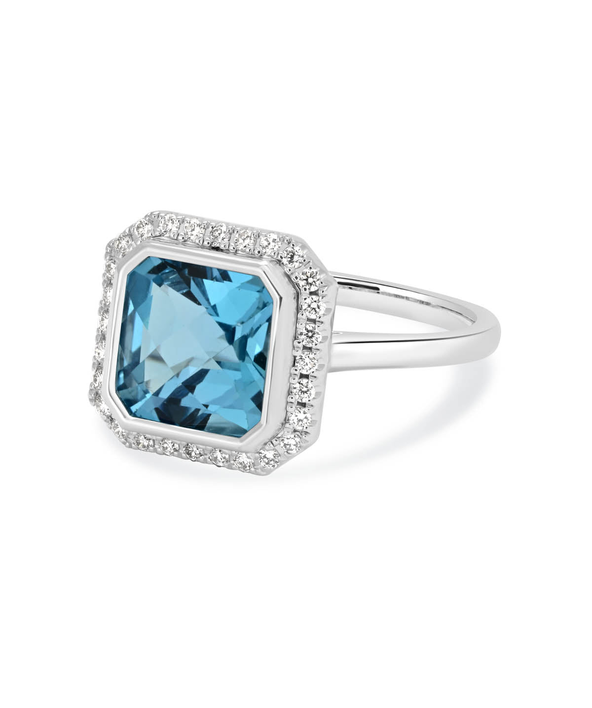 14K White Gold 3.65ct Blue Topaz and Diamond Halo Ring