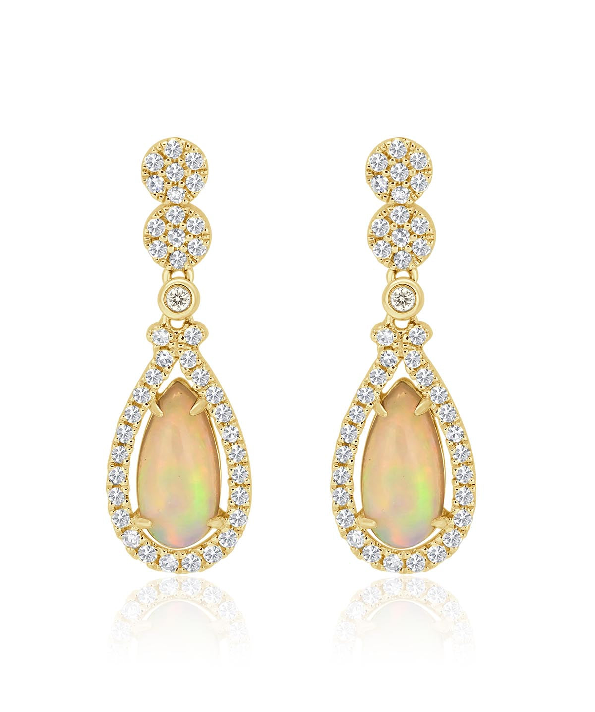 14K Yellow Gold Opal and Diamond Halo Dangle Post Earrings