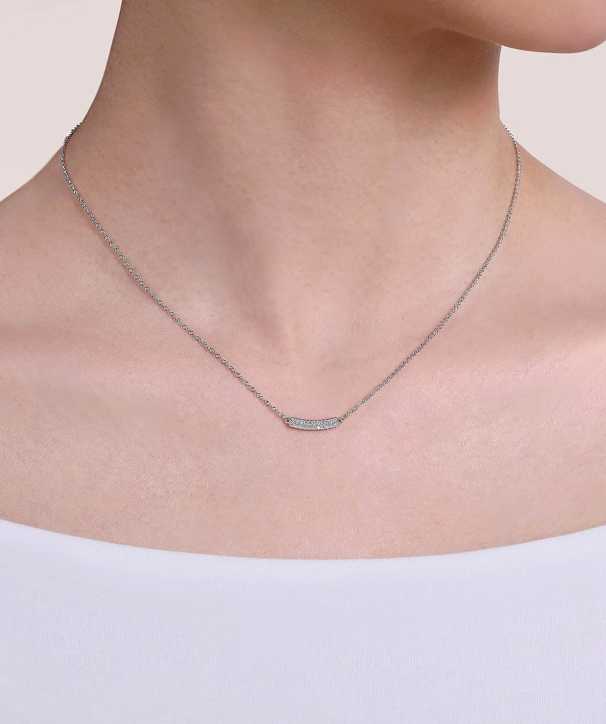 14K White Gold Curved Pave Diamond Bar Necklace