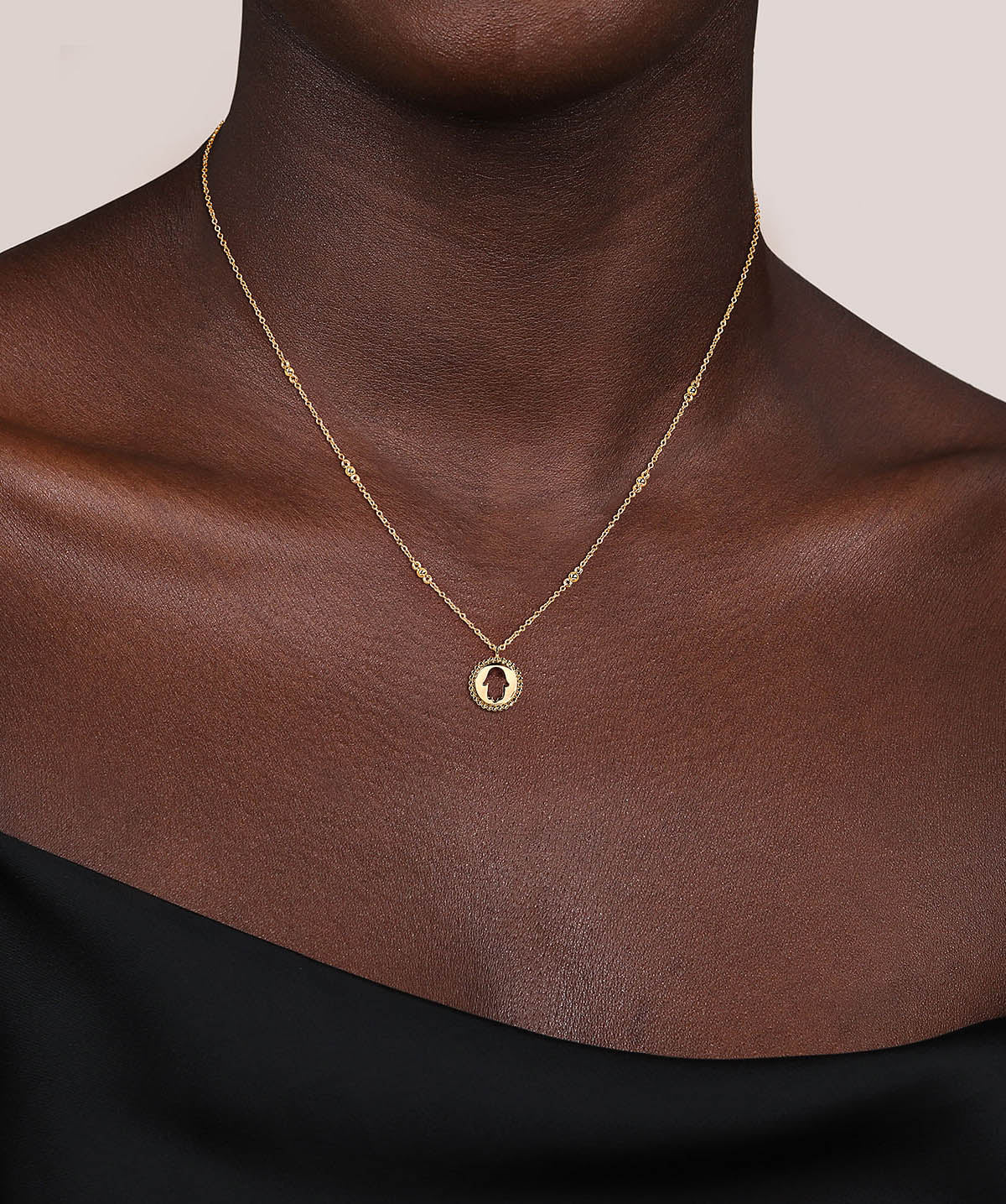 14K Yellow Plain Gold Bujukan Hamsa Medallion Necklace