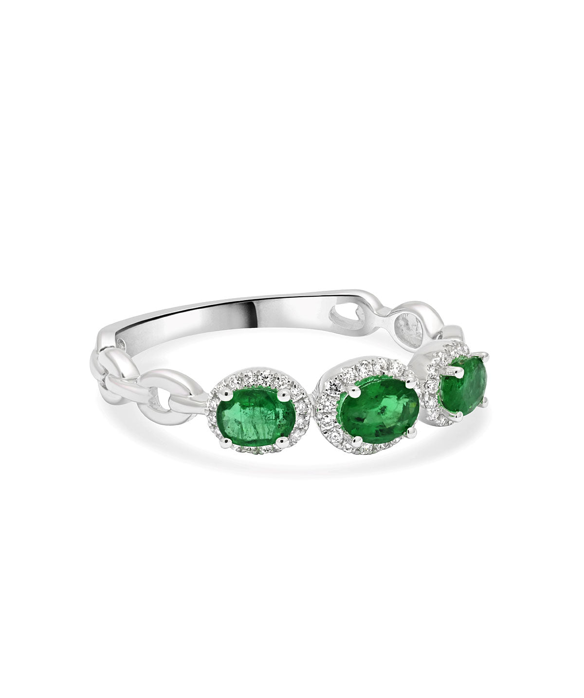 14K White Gold Emerald and Diamond Halo Band Ring