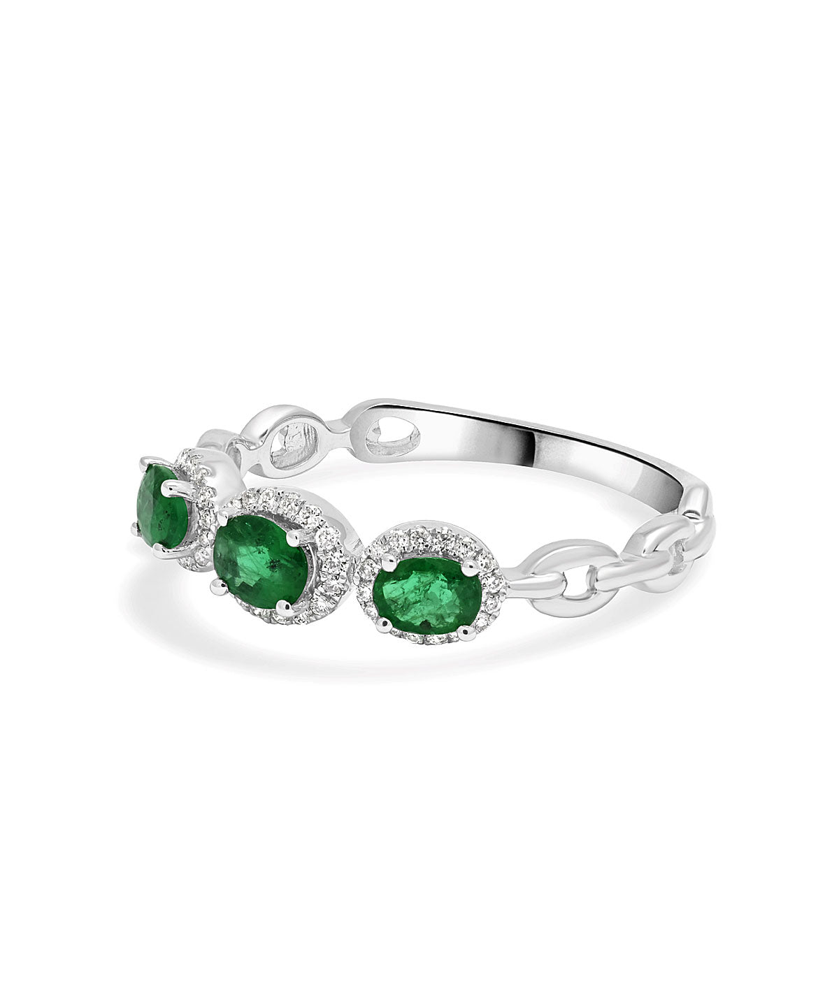 14K White Gold Emerald and Diamond Halo Band Ring