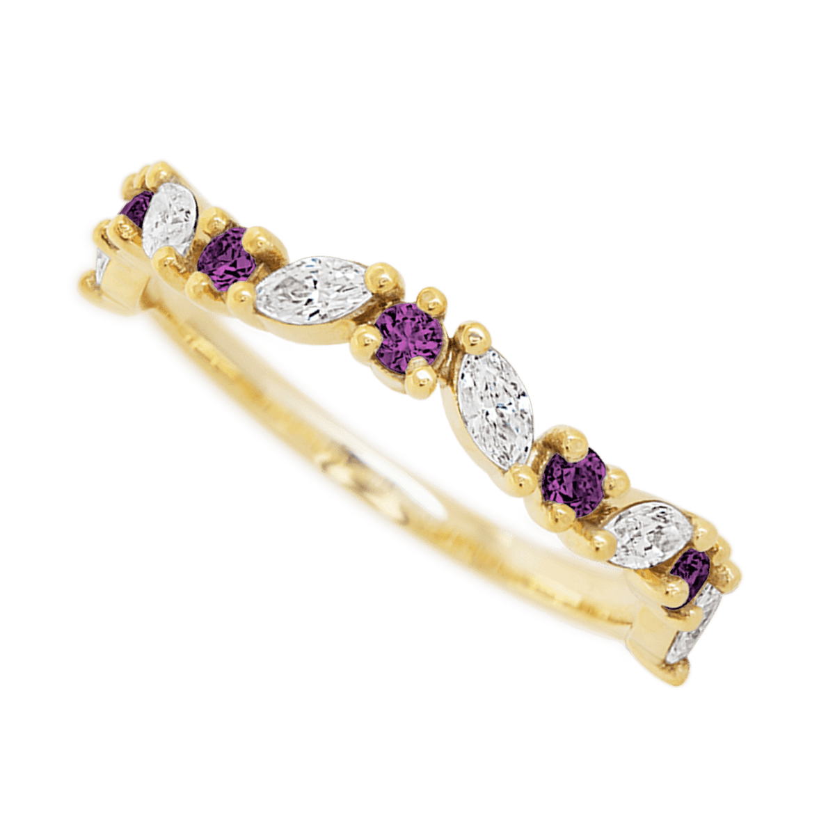 18K Yellow Gold band with alternating 6 Round Purple Diamond and 5 Marquise Lab Grown Diamond having TCW-.68
