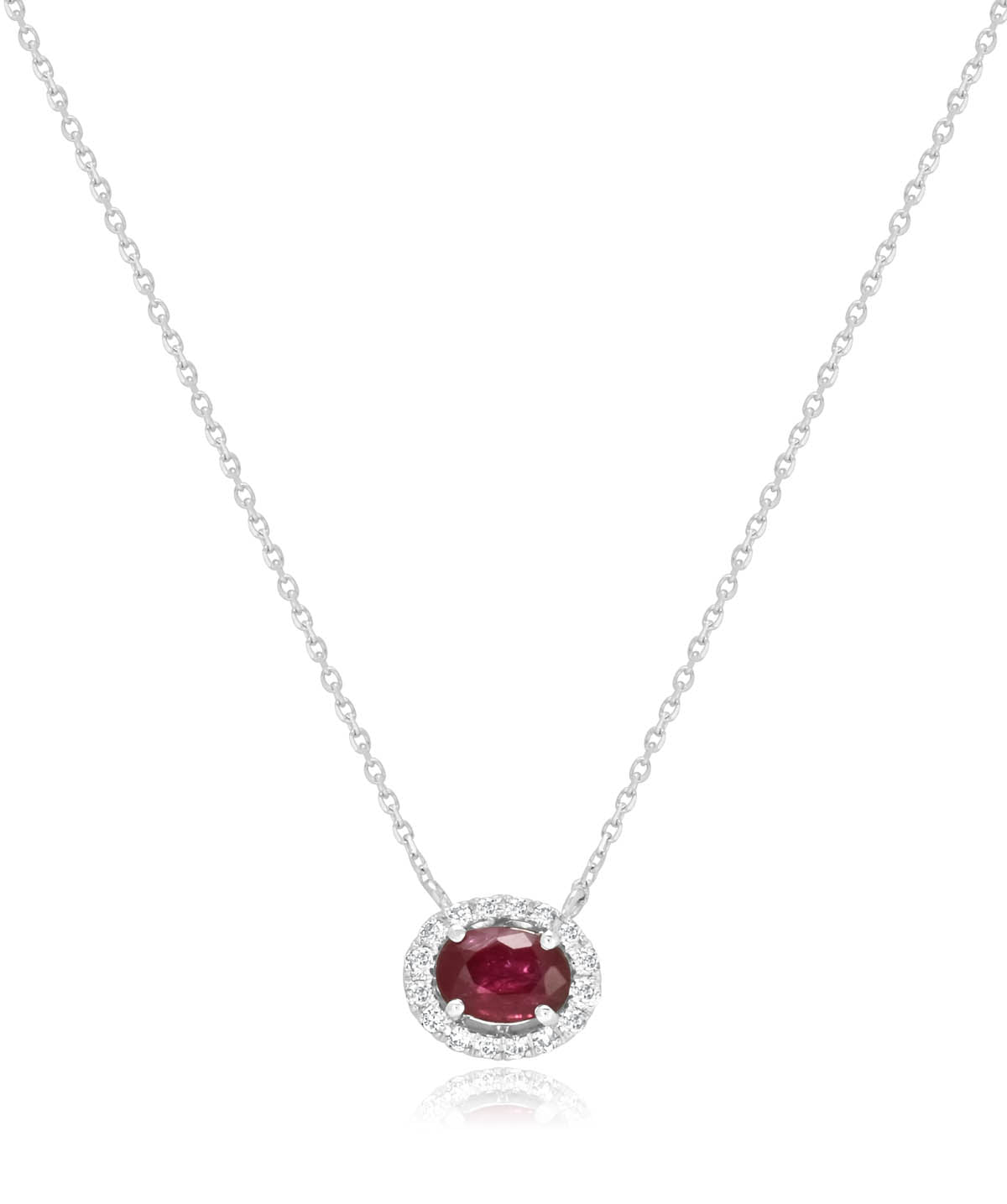 14K White Gold East-West 0.70ct Oval Ruby and Diamond Halo Pendant