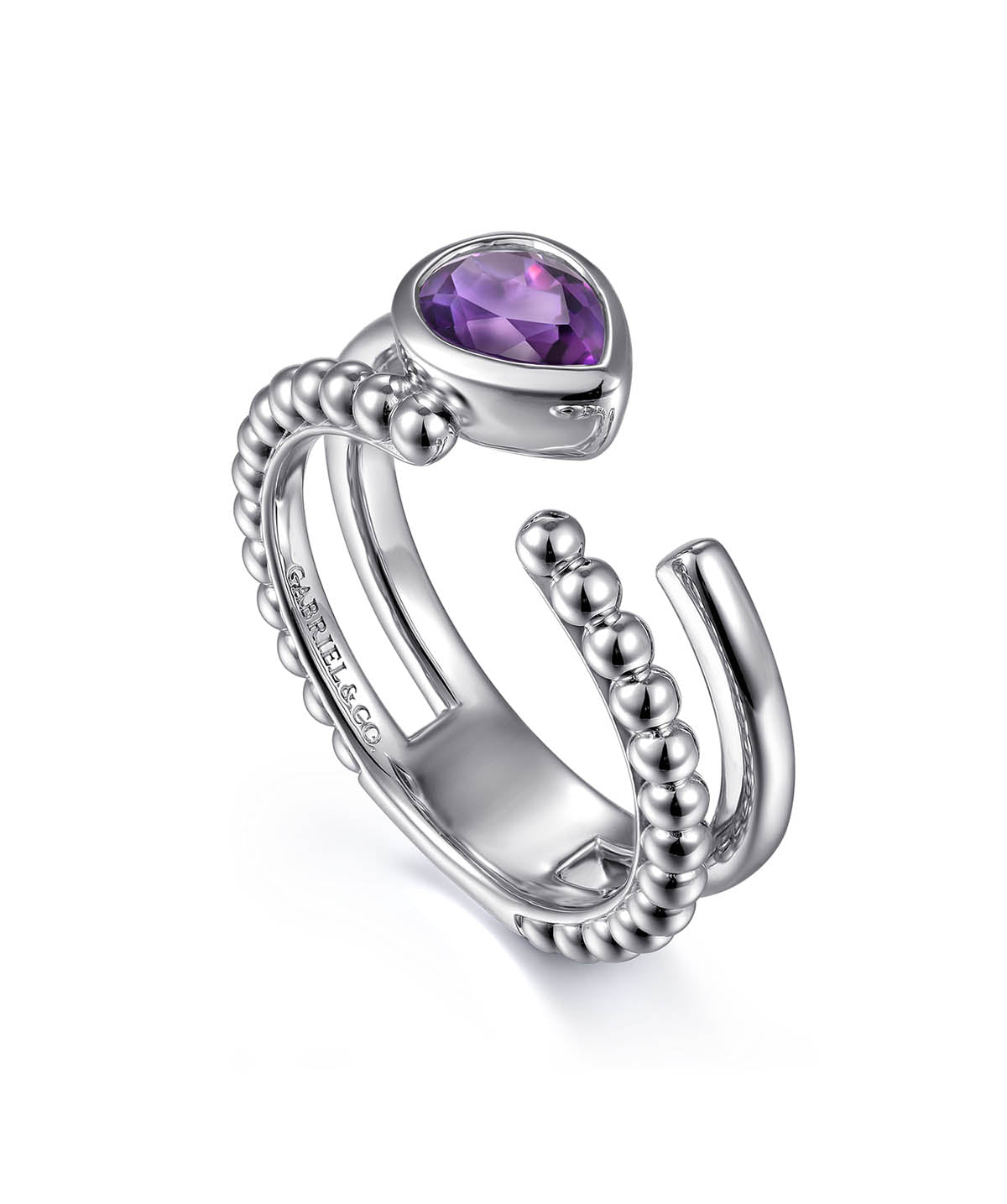 925 Sterling Silver Pear Amethyst Bujukan Open Ring