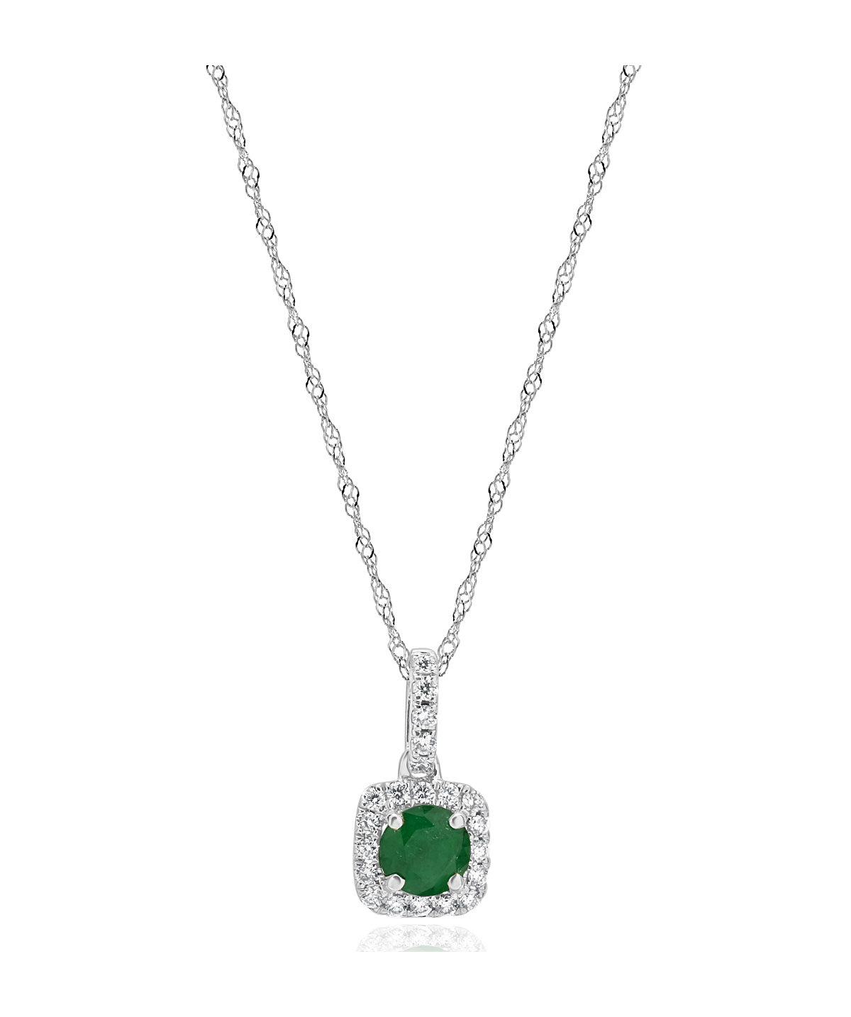 14K White Gold Emerald and Diamond Square Halo Pendant
