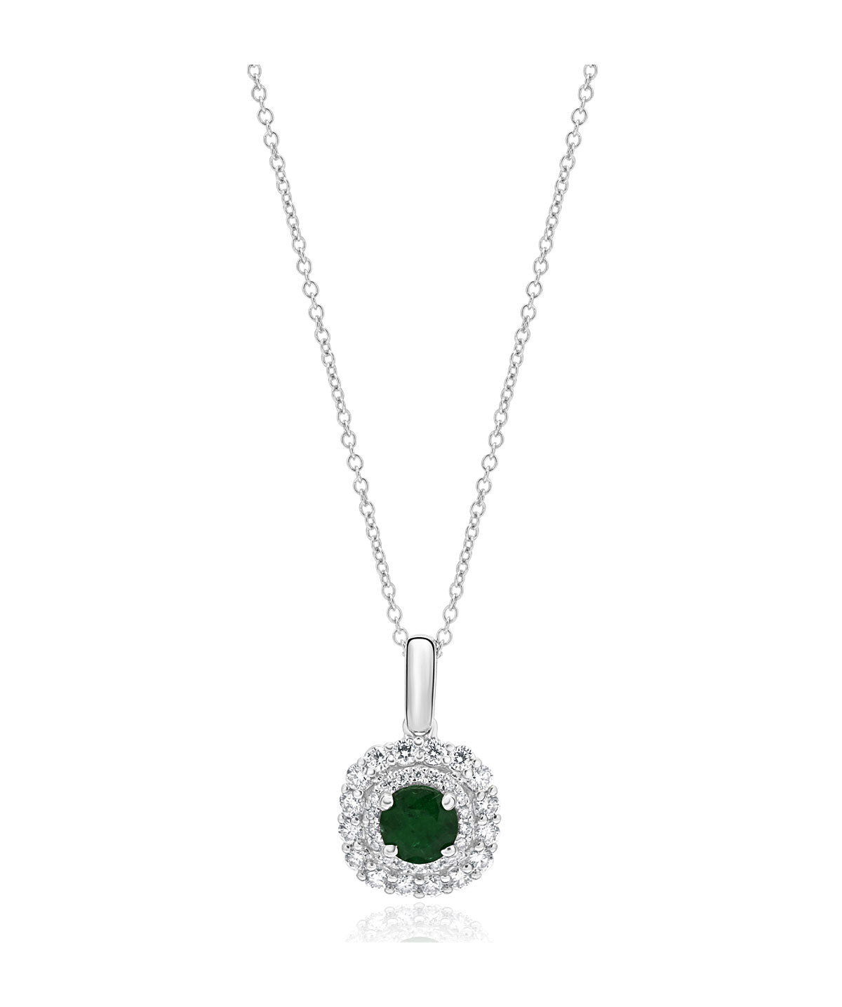 14K White Gold 0.53ct Emerald and Diamond Double Halo Pendant Necklace